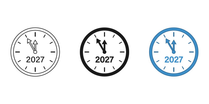 Clock face with 2027 year marking and clock hands pointing to midnight symbolising new year celebration countdown and transition.