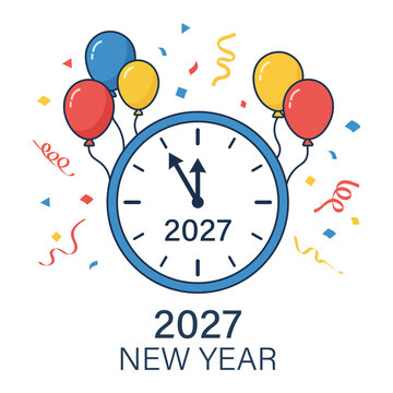 2027 new year celebration concept with a clock showing almost midnight, colorful balloons, and festive confetti