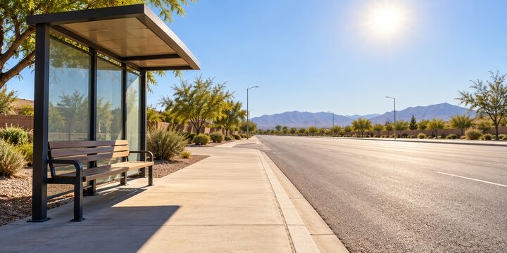 Modern bus stop shelter with empty bench on sunny suburban street. Wide sidewalk and road with desert mountains in background. Summer heat and shade concept. Banner, copy space