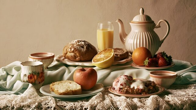 A vintage style breakfast spread featuring bread  fruit  tea  and milk on a lace covered table