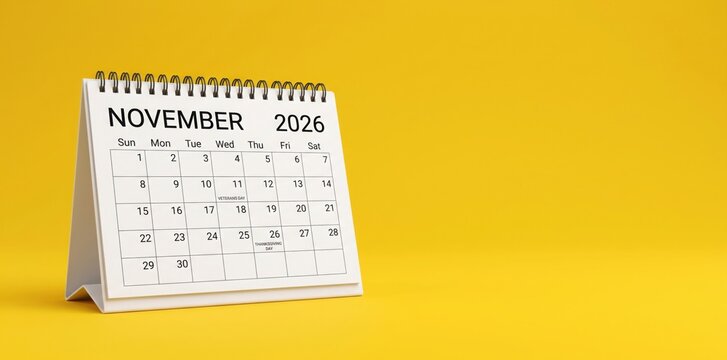 White Desk Monthly November 2026 Business Calendar. 3d Rendering