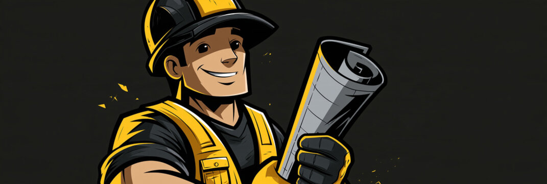 Bauarbeiter mit Helm h&auml;lt Bauplan, gelb-schwarze Comic-Illustration
