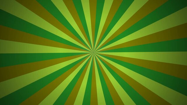 Seamless loop of a classic comic style sunburst radial background featuring yellow-green, olive, and forest green colors, rotating smoothly.