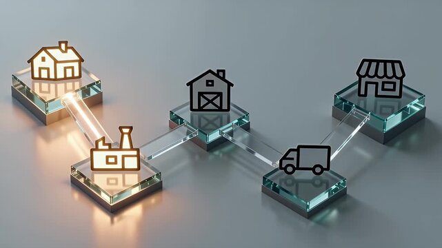 Miniature Houses Warehouses Factories and Delivery Truck Connect Through Glowing Links in a Modern Supply Chain Network