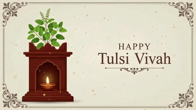 Happy Tulsi Vivah Festival Greeting Motion Graphic with Holy Basil Wooden Mandir Shrine and Burning Diya Oil Lamp Loop
