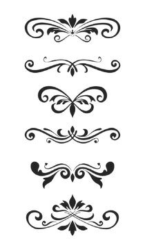 Vintage text dividers collection with elegant black scrollwork vignettes and ornamental flourishes.