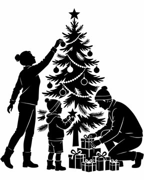 father and son playing with christmas tree