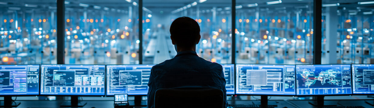 A person monitors multiple digital screens in a high-tech control room filled with data, analytics, and futuristic interface elements.