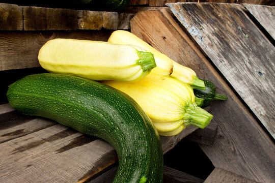 Green and yellow zucchinis arranged on rustic wooden steps, showcasing fresh summer squash with smooth skin textures and natural outdoor setting.