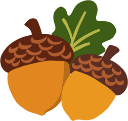 Autumn acorns with an oak leaf in crayon illustration © JINWON