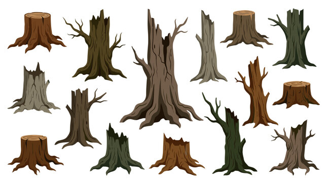 Vector set of forest stumps and dead trees, illustrating nature's decay and remnants of woodland life