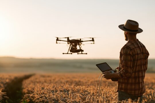 Farmer in hat operating a drone over a golden field at sunset with remote controller and tablet in an agricultural landscape
