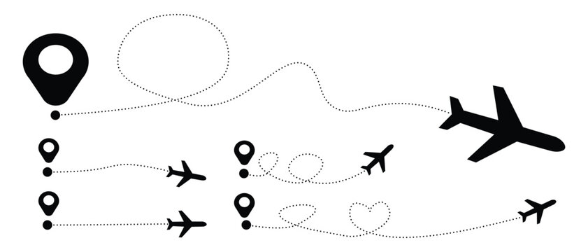 Airplane route with dotted flight path. Flying plane symbol with twisted, curved, straight and heart shape dashed trace path. 