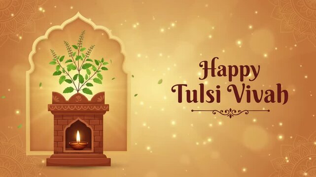 Golden Happy Tulsi Vivah Festival Greeting with Sacred Basil Plant, Traditional Diya, and Glowing Mandap Arch Animation Loop
