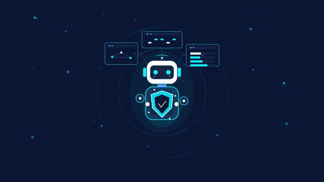 Animated robot character with digital shield icon for cybersecurity and data protection concept
