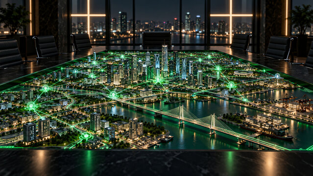 An intricate miniature cityscape model is illuminated with green lights, set on a table in a modern room overlooking a night-time city skyline through large glass windows