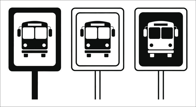 Bus stop sign icon vector set, public transportation symbols isolated on white background, urban transit signage, city bus station markers, and passenger travel navigation illustrations.