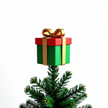 Festive red and green gift box tree topper with gold ribbon and bow on white background holiday decor