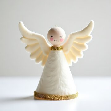 White felt christmas angel tree topper with gold trim and wings on pristine surface