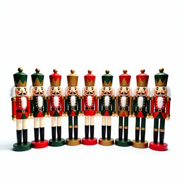 Handpainted wooden nutcracker ornaments collection standing upright in a row on white background festive christmas decor