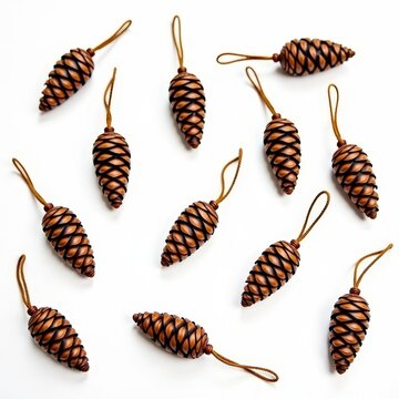 Natural pinecone ornaments with twine loops scattered on white background for holiday decoration and craft inspiration