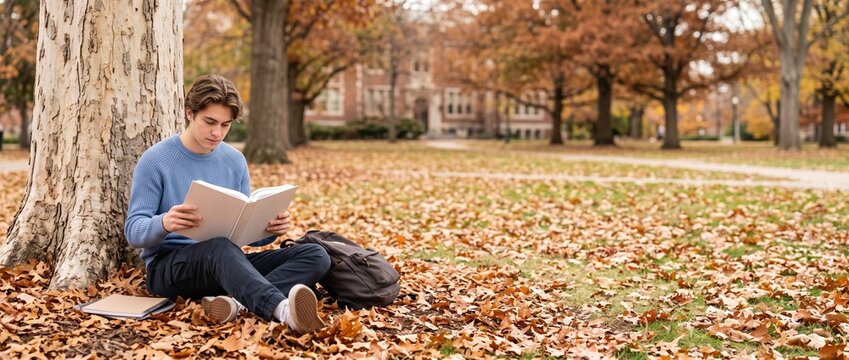 Young male student reading textbook on campus lawn in autumn  