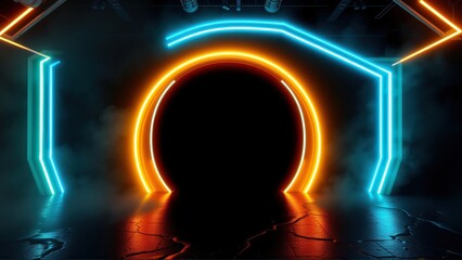 Fototapeta premium Futuristic tunnel with glowing orange, blue neon lights. Dark floor shows cracks, smoke fills space. Dramatic lighting creates depth.