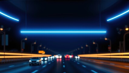 Fototapeta premium Night highway scene. Vehicles travel beneath illuminated structures. Bright lights create dynamic streaks, suggesting motion. Dark sky dominates backdrop.