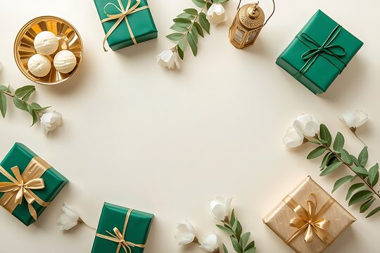 Eid gift boxes in green and gold with sweets, lantern and jasmine flowers flat lay