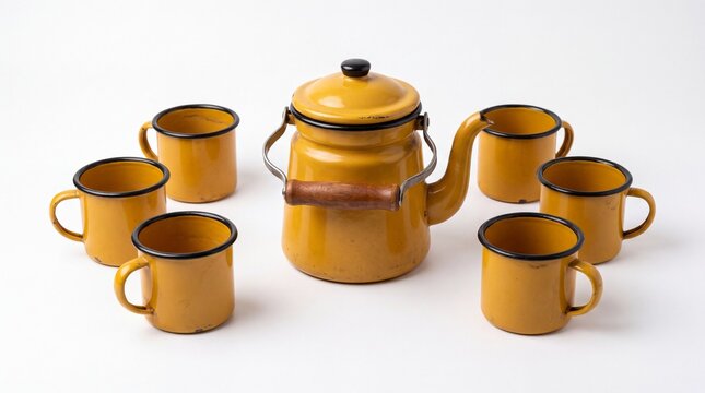 Vintage 1950s yellow enamel tea set including a functional kettle with wooden handle and six matching mugs, isolated on a white background for charming retro kitchen decor and lifestyle concepts.