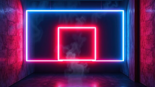 Dark room features glowing neon rectangles. Blue outer frame surrounds smaller red square. Smoke adds mysterious atmosphere.