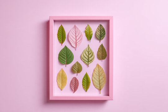 Creative minimal arrangement of leaves on bright white background with pink frame. Flat lay. Nature concept. 
