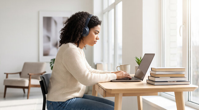 Young woman wearing headphones working on laptop at desk by bright window, books stacked nearby in modern living room. Remote work, home office, education, productivity.