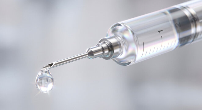 Close up of a glass syringe with a single drop of clear liquid falling from the needle tip, sterile medical background. Medicine, healthcare, science, laboratory research.