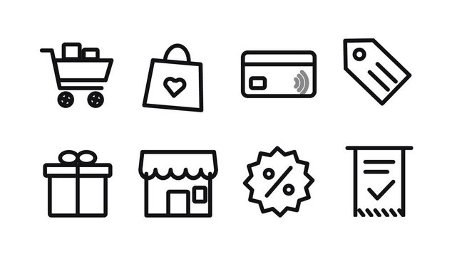 Animated online shopping line icon set with cart, bag, credit card, price tag, gift, store, discount badge and receipt in black on white, grid then one by one