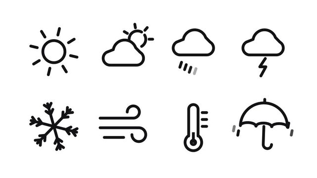 Animated weather line icon set with sun, cloud, rain, storm, snowflake, wind, thermometer and umbrella drawn in black on white, shown in a grid then one by one