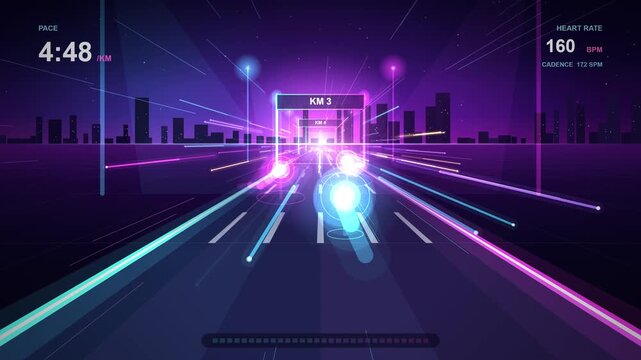 Futuristic Running App Interface with Neon Cityscape Motion Background