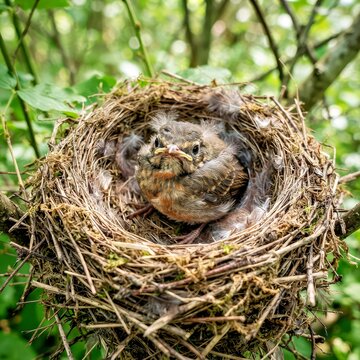 Baby Bird in Twig Nest With Open Beak Holding Food