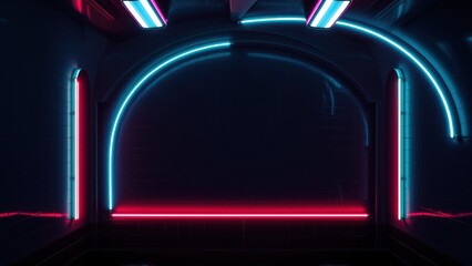 Fototapeta premium Dark corridor features neon lights. Blue arcs frame opening, red vertical lines accent walls. Minimalist, futuristic design.