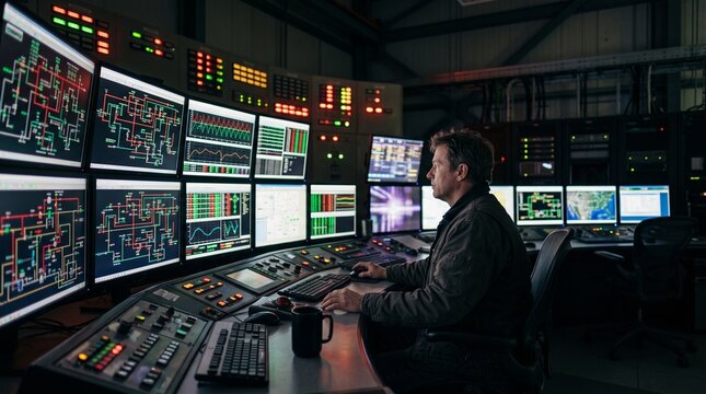 Male Technician Monitoring SCADA Control Room Screens in Power Plant
