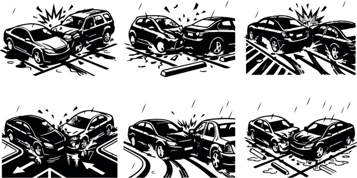 Six black and white distressed images of a vehicle crash with debris and impact effects in a chaotic scene