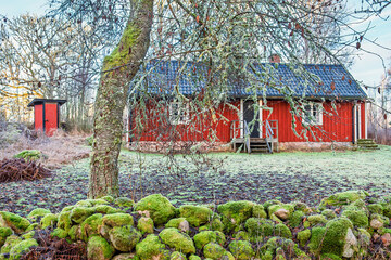 Red cottage with moss covered stone wall at the forest edge © Lars Johansson