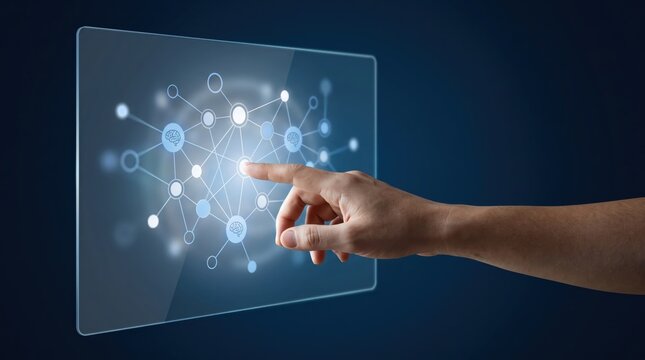 Human hand touching futuristic glass touch screen displaying neural network connections and artificial intelligence nodes, representing machine learning, deep learning concepts