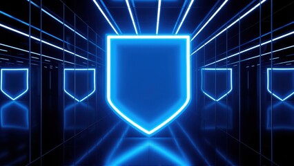 Fototapeta premium Neon shield dominates dark tunnel. Lines converge toward central protective symbol. Futuristic, glowing aesthetic creates depth.