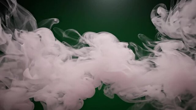 White ink flowing in water creating abstract clouds on green background