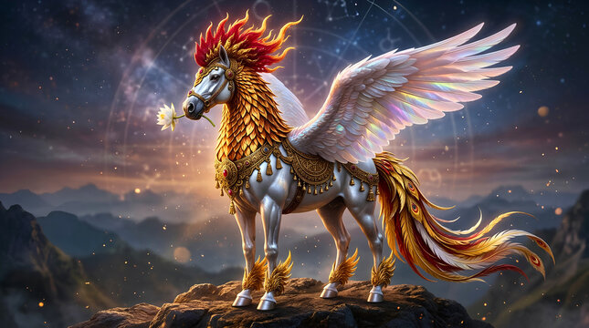 Generative AI illustration of sacred Vedic chimera horse rooster swan holding a white lotus flower, standing on a cliff under a celestial astrological zodiac sky.