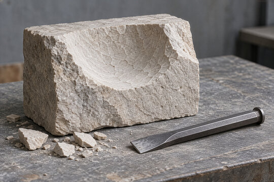 Partly carved pale stone with a steel chisel and chips
