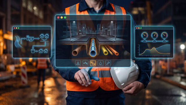Water utility and municipal services: professional performing pipe laying and replacement, water supply management on digital dashboard.
