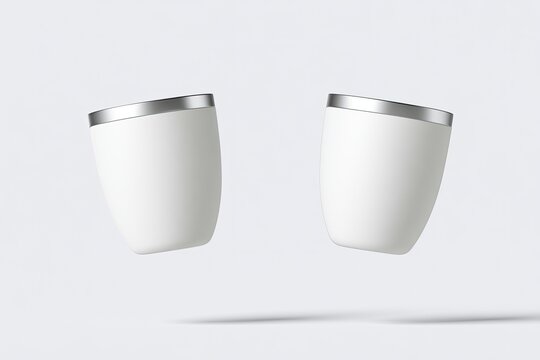 Two white, ovular tumblers with silver rims float against a pale gray background