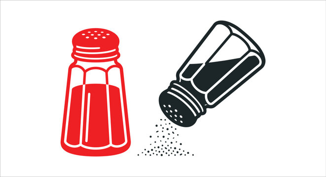 Red pepper shaker and black salt dispenser with scattered granules depict seasoning containers condiment culinary dining